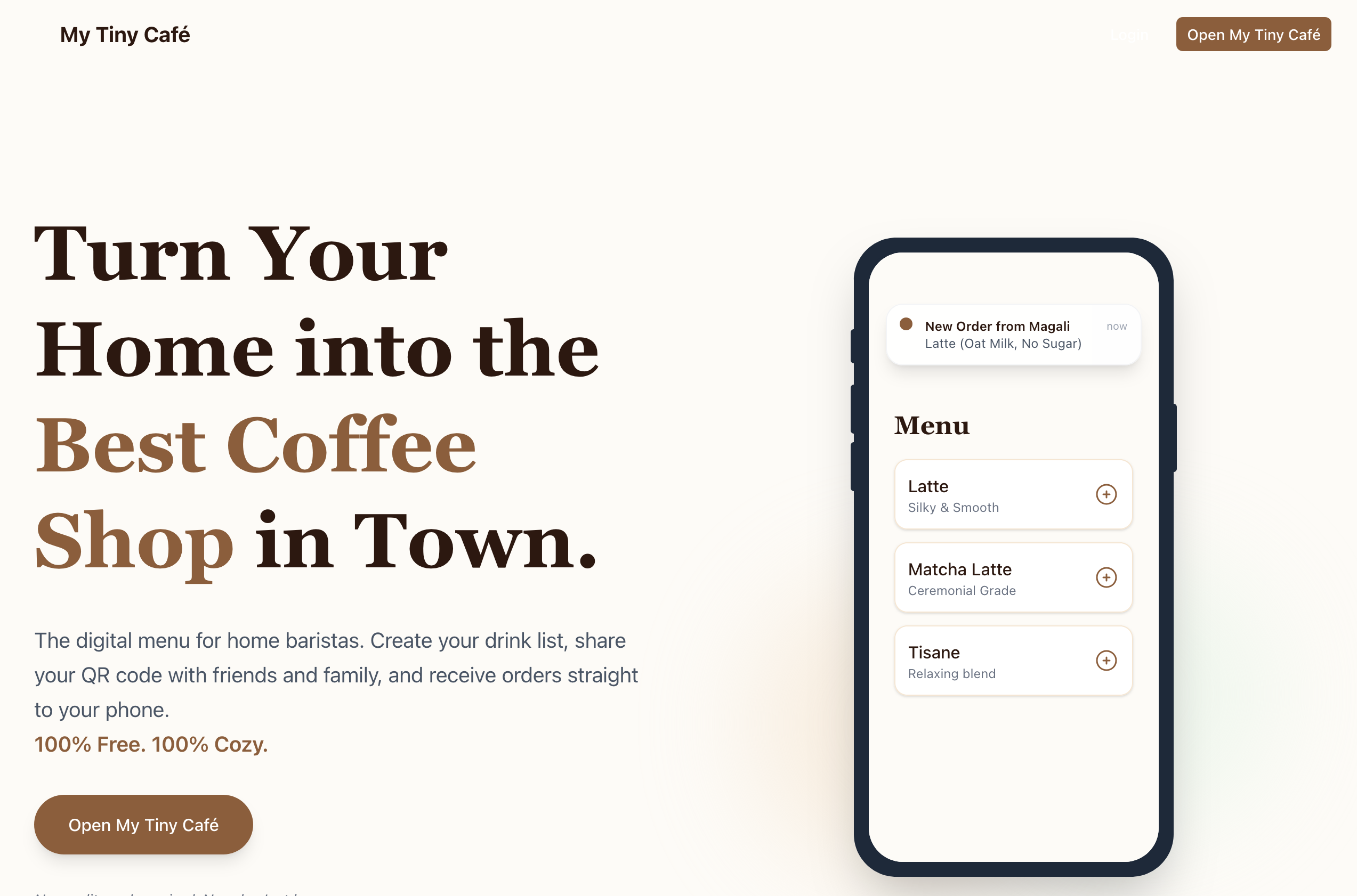 Landing page for My Tiny Café